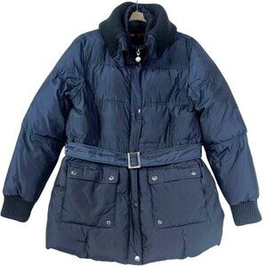 Betsey Johnson Puffer Jacket Womens L Navy Belted Down Filled Stylish Winter